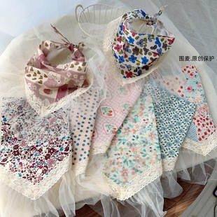 Ins Korean Kidsren's Triangle Scarf Spliced with Lace Baby Square Scarf Saliva Scarf Floral Spring and Summer Girls' Scarf Versatile