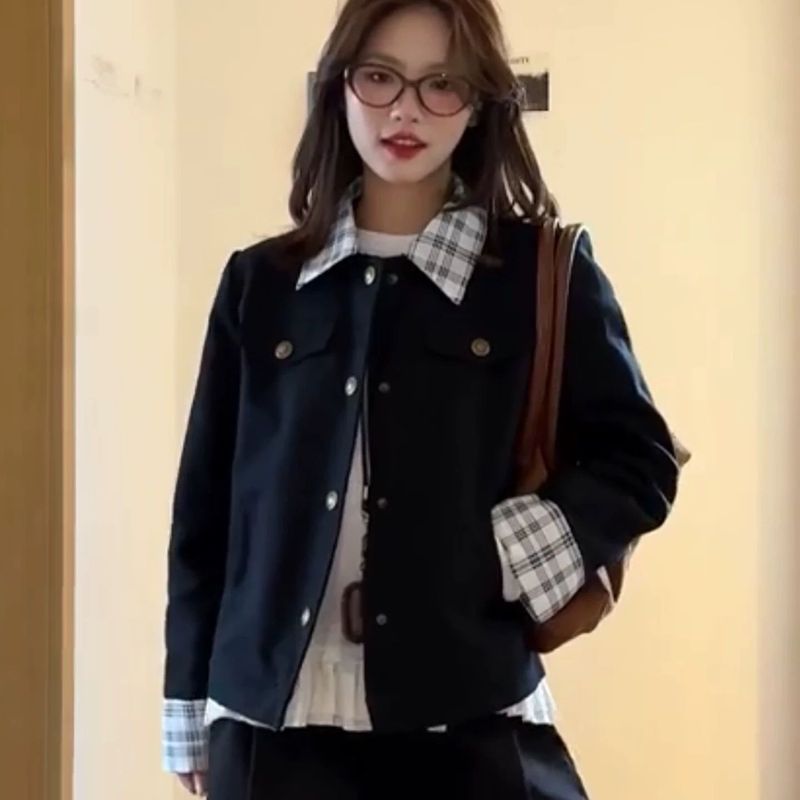 复古格纹拼接外套女秋季2025新款设计感休闲短款小个子夹克上衣潮|undefined