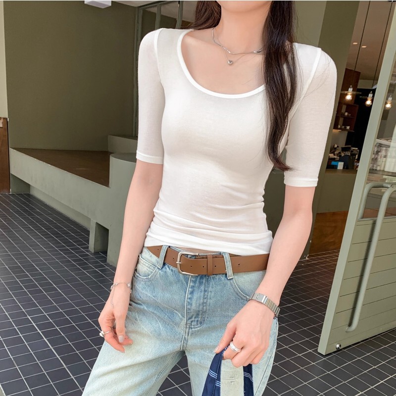Lyocell Tencel Stylish Slim-Fit U-Neck Mid-Sleeve T-Shirt for Women, 2025 Summer Thin Luxury High-End Top Lyocell Tencel Stylish Slim-Fit U-Neck Mid-Sleeve T-Shirt for Women, 2025 Summer Thin Luxury High-End Top