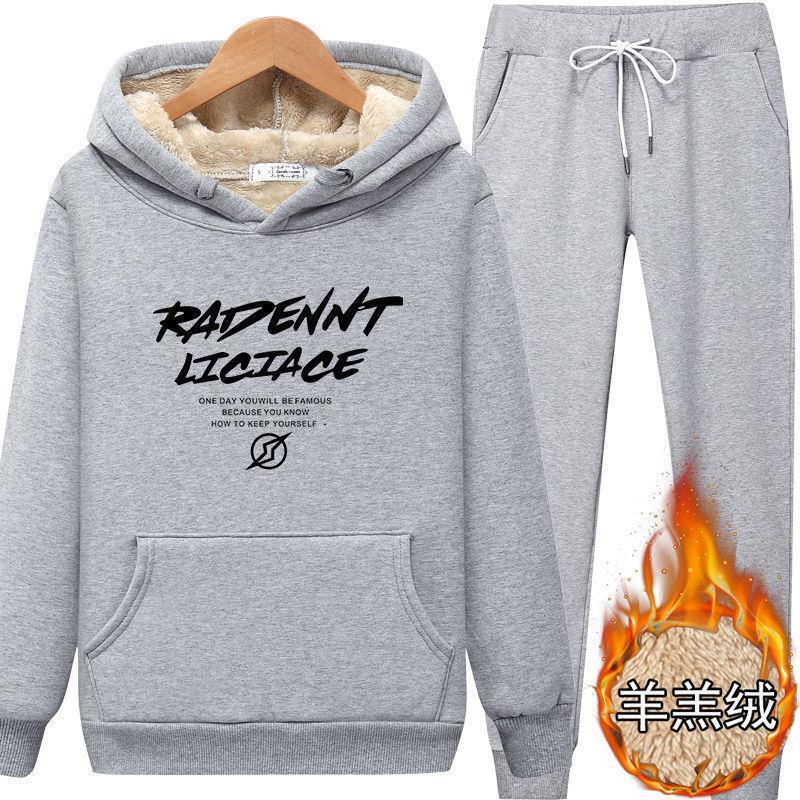 Casual Sports Suit Men's Winter Plus Size Printed Lamb Velvet Hooded Sweatshirt Winter Sportswear Thickened Velvet 12