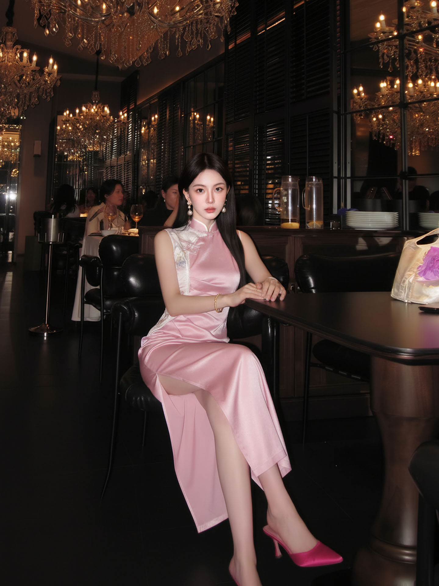 Đầm maxi nữ thắt eo cổ đứng thêu hoa phong cách Trung Hoa mùa hè — màu hồng
