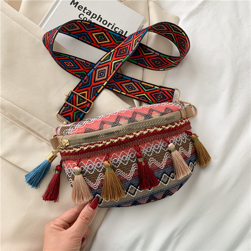 Bolso de mujer nueva pequeña fragancia bolso de pecho tejido estilo nacional de viento de color de choque bordilla nuevo cinturón de color retro bolso de cintura bolso de mochila