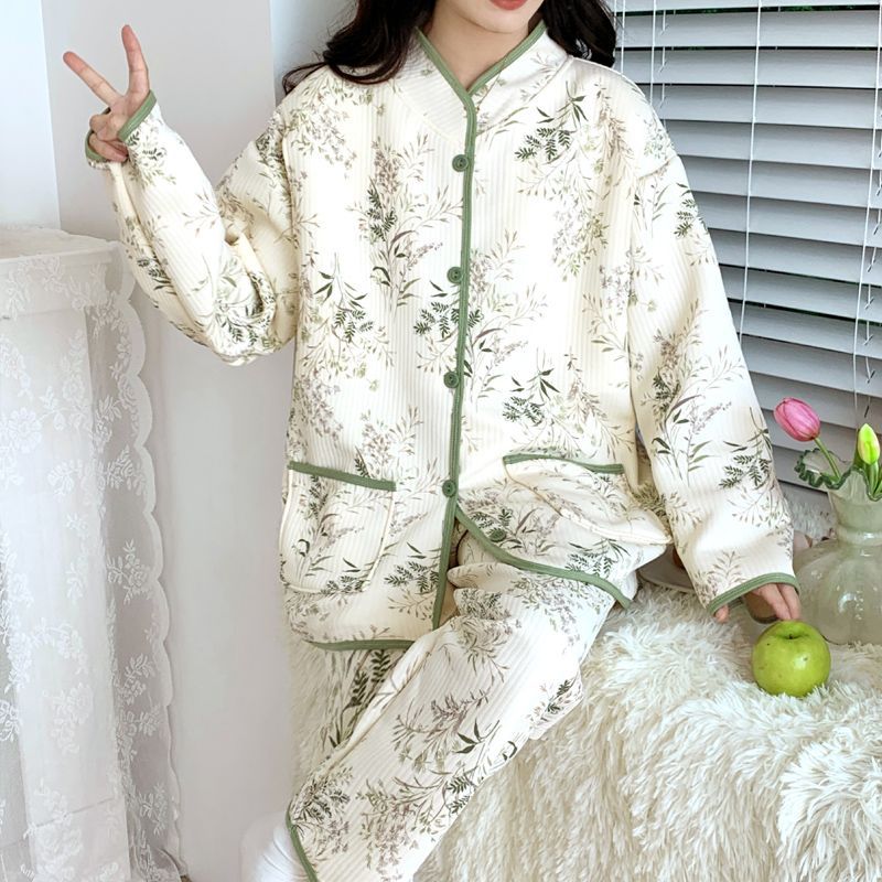 (2개) 가을 겨울 임산부 파자마 에어 인터레이어 가슴 패드 2피스 세트 유행 국가 스타일 모유 수유 산후 옷 가정복