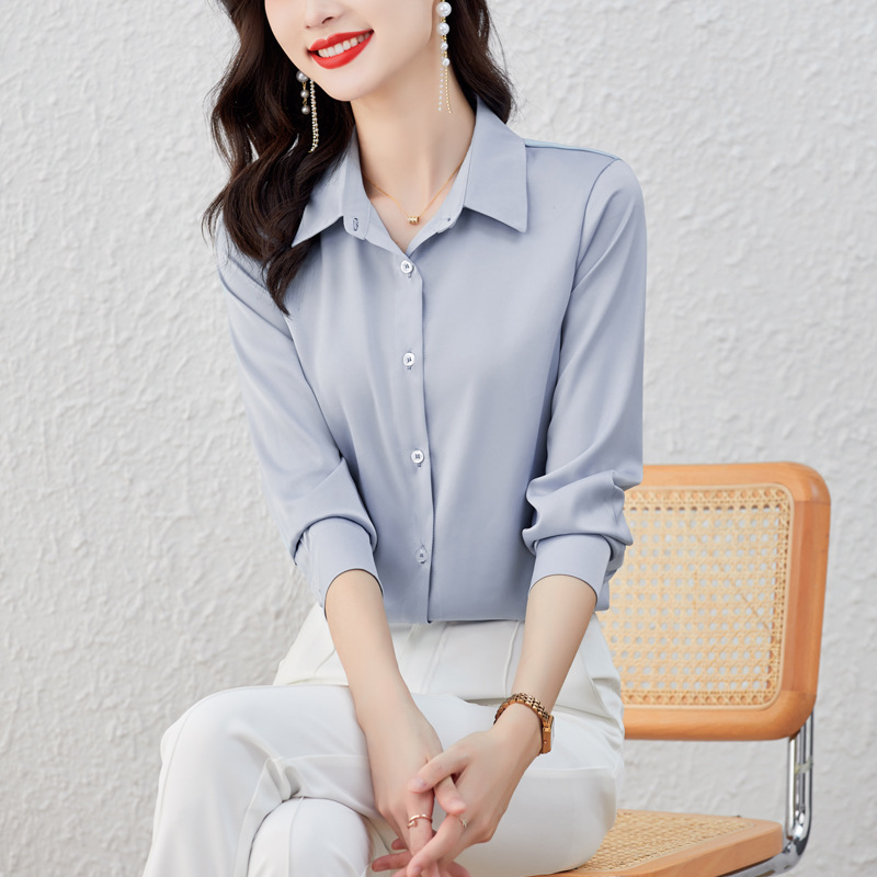 Foreign Trade European and American Cross-Border Spring New Style Women's Long-Sleeve Solid Color Four-Way Stretch Loose Shirt, Elegant and Versatile