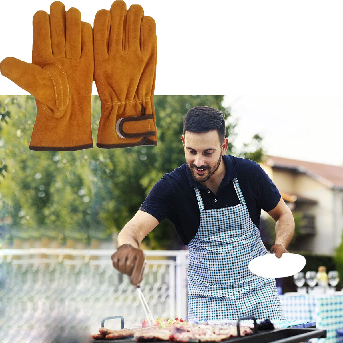烧烤隔热手套BBQ耐高温耐磨劳保魔术扣搭接牛二层皮手套护手套