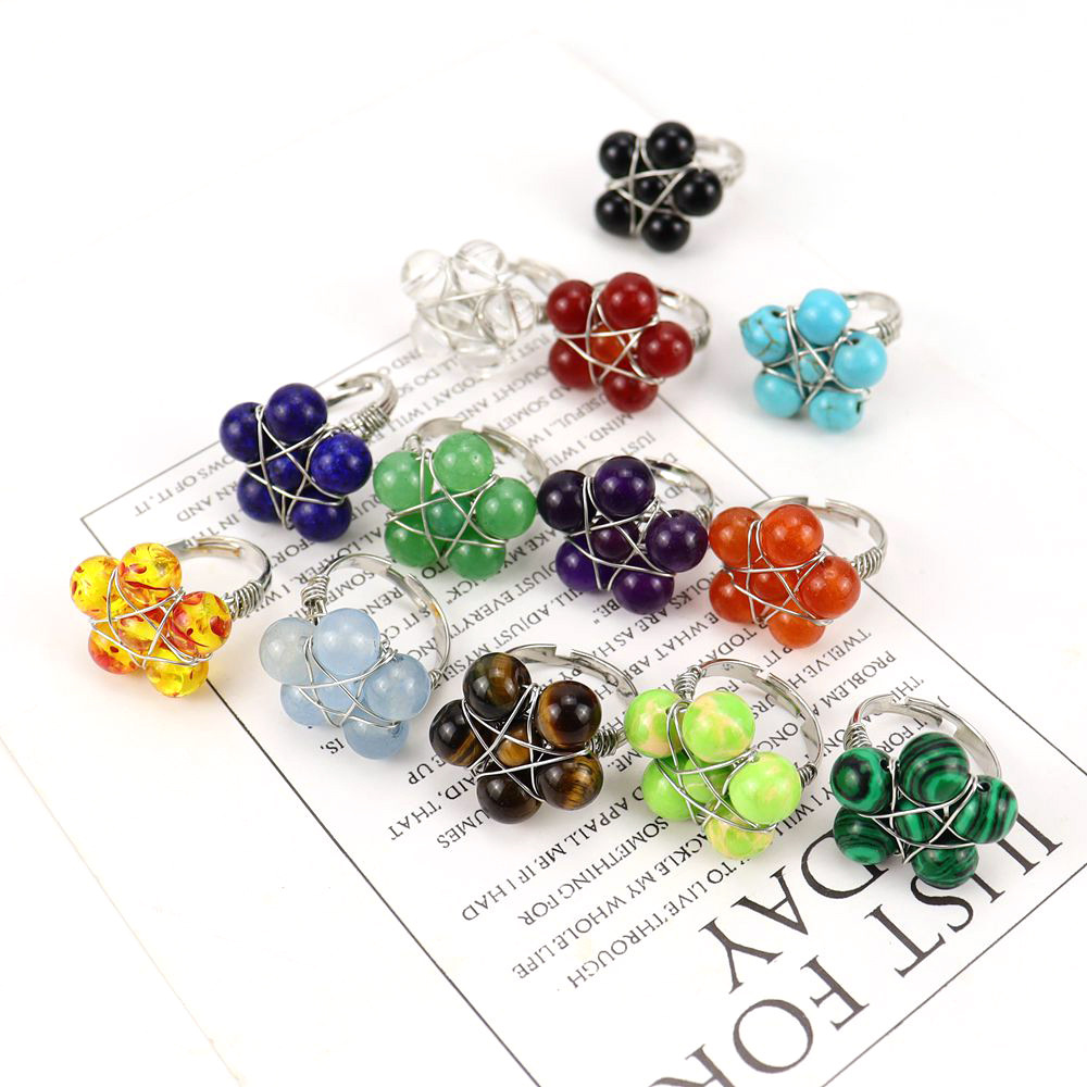 Tiktok New Handmade Winding Natural Crystal Stone Round Beads Flower Ring Adjustable Opening Ring R21 display picture 1