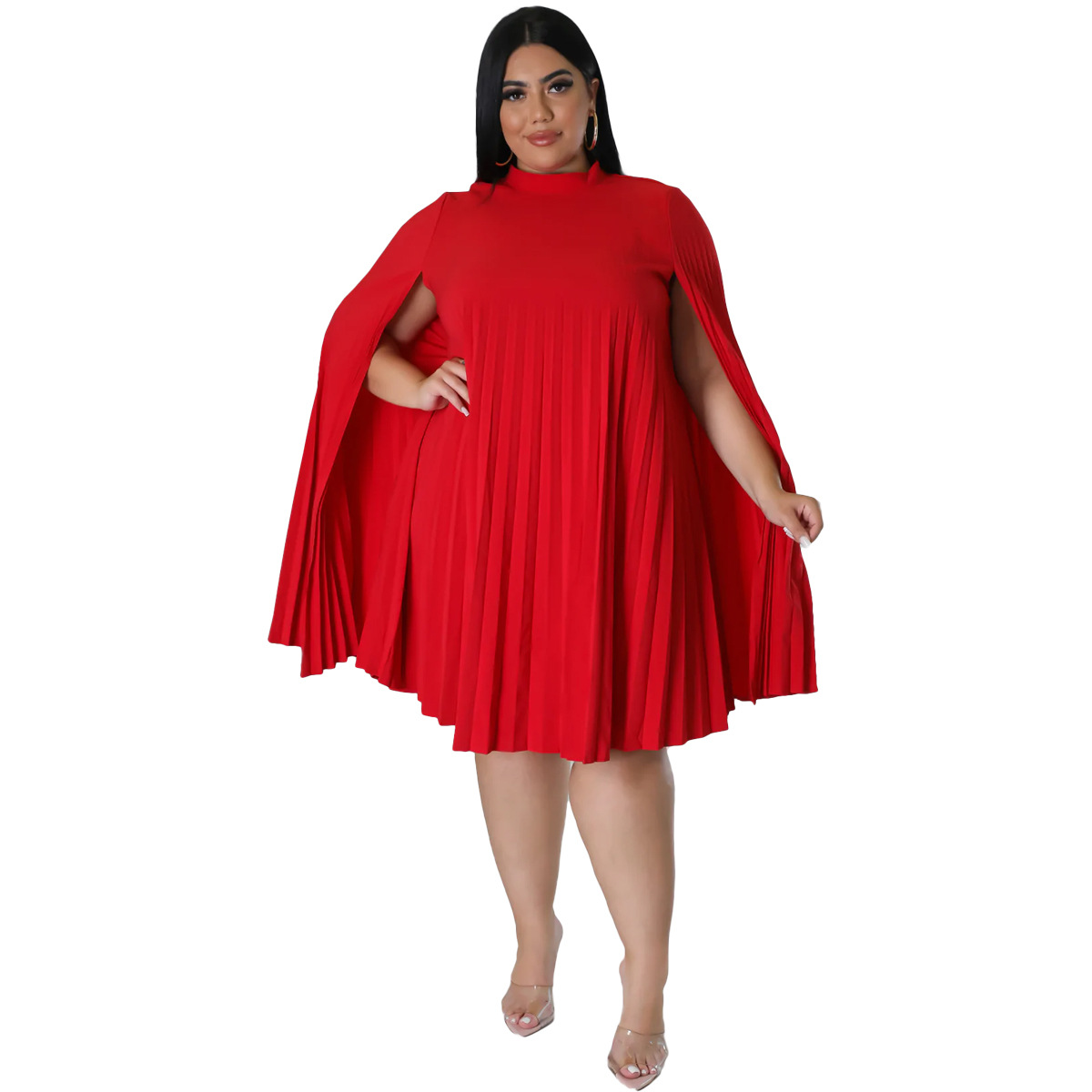 Fashion Solid Color Round Neck Long Sleeve Patchwork Polyester Plus Size Knee-Length Pleated Skirt