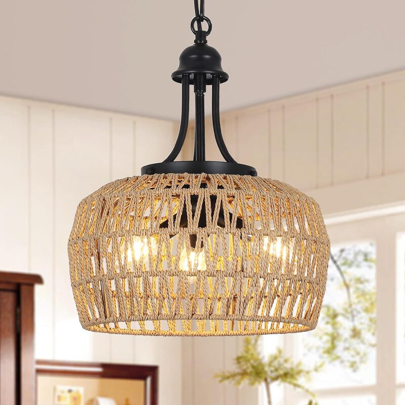 Cross-border farmhouse restaurant chandelier 3 lights Bohemian rattan chandelier lighting ceiling hanging with woven lamp