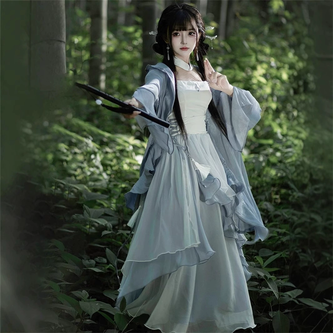 Новый синий кардиган в китайском стиле + сине-белая длинная юбка, комплект из двух предметов в нишевом стиле и модный костюм