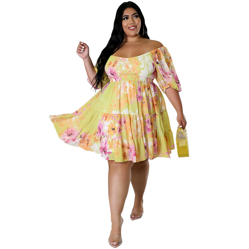 Plus Size Off Shoulder Floral Dress With Puff Sleeves, Flowy Swing Midi Dress For Women_ecoleips.com