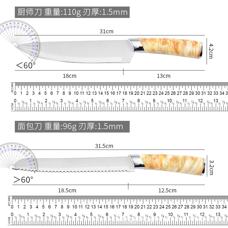 Cabeza de doble galvanoplastia cubierta por lotes mango de mármol con soporte para cuchillo cuchillo de chef cuchillo de fruta serie de utensilios de cocina