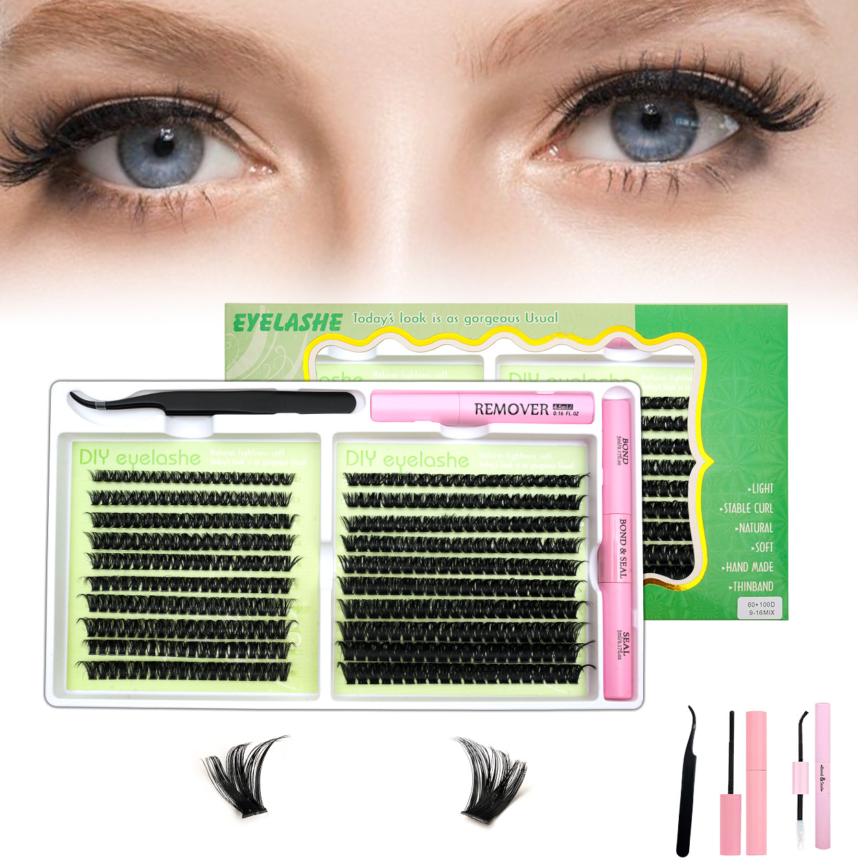 DIY transfronterizo pestañas falsas 4 piezas juego de pegamento de liberación de pestañas 304050P60P80P100P 20 filas lotes de comercio exterior