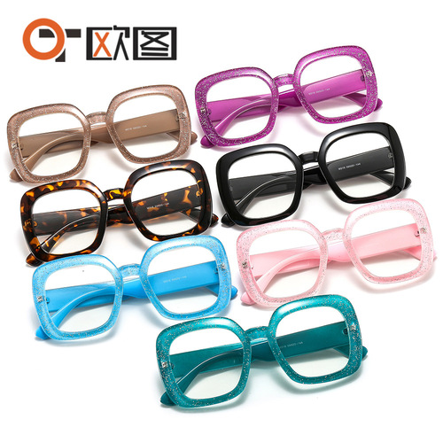 New stylish large-frame sunglasses, European and American personalized trendy square glasses, fashionable glitter pink and black ladies' prescription glasses