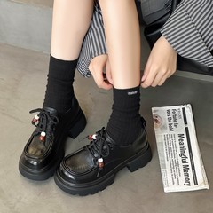 英伦风黑色系带小皮鞋女款2025春秋新款厚底粗跟单鞋玛丽珍乐福鞋
