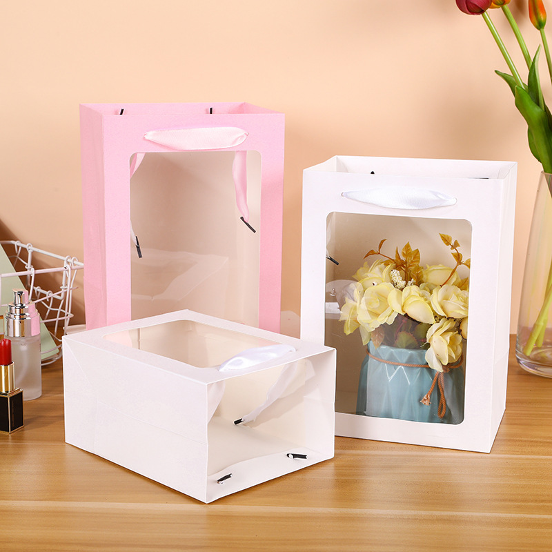 Teacher's Day Gift Windowed Tote Paper Bag, Gift Bag with Window, Transparent Flower Tote, Mother's Day Gift Bag