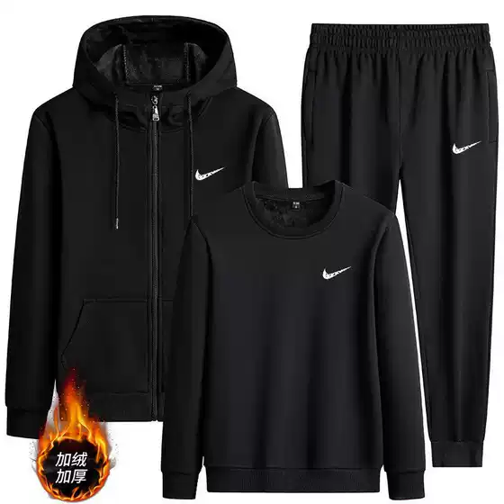 Men's 2025 Winter Cotton Fleece Lined Thick Casual 3-Piece Set - Hooded Sweatshirt and Jogger Pants for Youth Sports