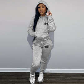 N8999L35  大欧美女装加绒卫衣女式两件套连帽衫休闲印花运动套