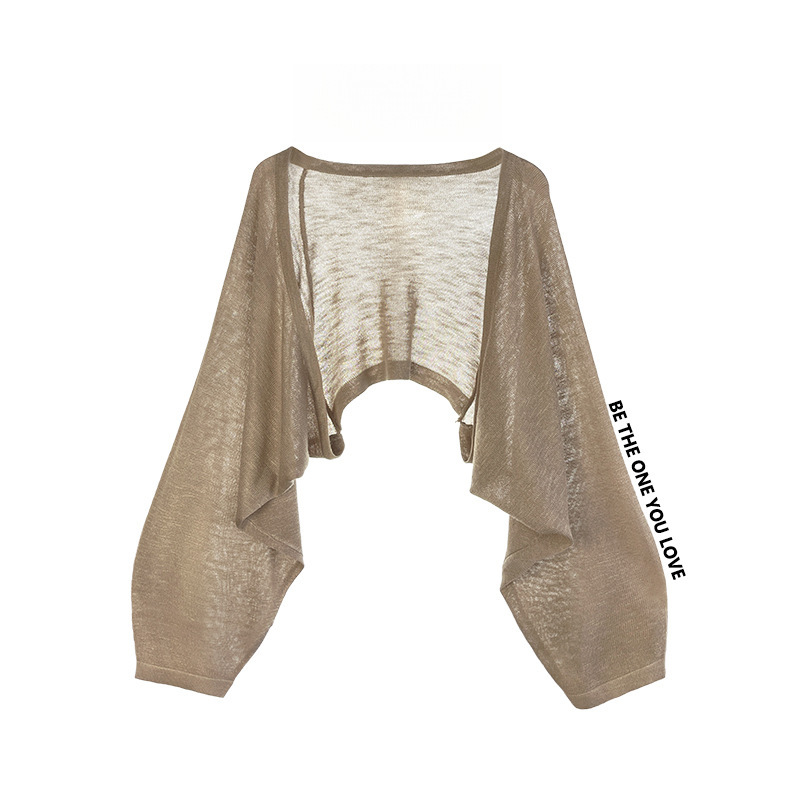 Tencel Sun-Protective Knit Cardigan Jacket with Lantern Sleeves, Short Top for Women, Slip Dress Outerwear, Mesh Long-Sleeve Summer Top