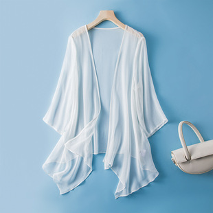 Thin Silk Outwear, Cardigan, Short Air-Conditioning Shirt, Waistoutwear, Sun Protection Shawl, Vacation Mulberry Silk