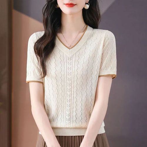 Summer V-neck Short Sleeve T-shirt for Women, Floral Embroidery and Lattice Design, Stylish Ice Silk Knit Top, Loose and Thin Blouse, T-shirt