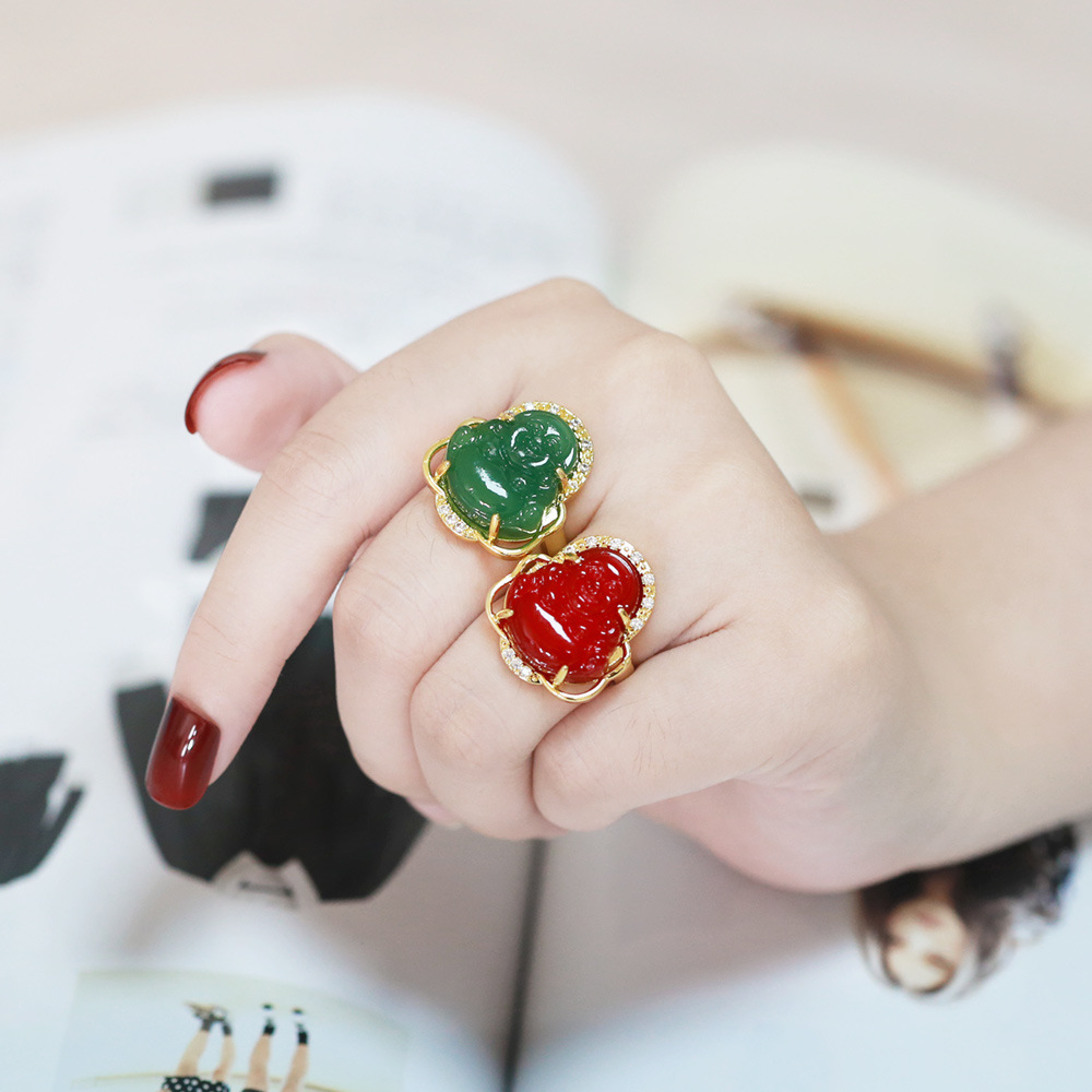 Chinoiserie Buddha Copper Open Ring Plating Glass Copper Rings