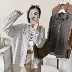 秋季新款韩系复古格子衬衫女小个子通勤宽松长袖爱心刺绣衬衣上衣