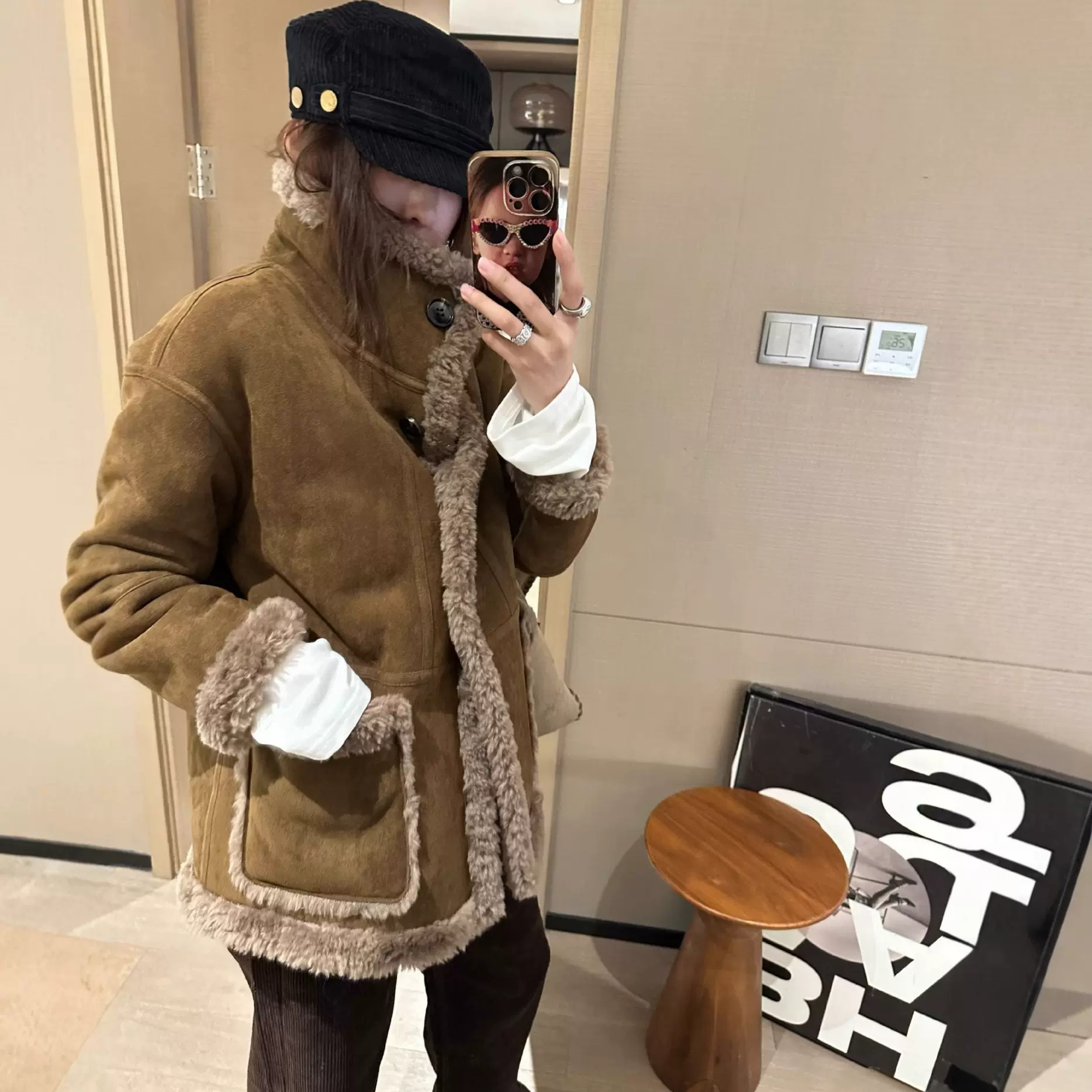 冬季麂皮绒羊羔毛皮毛一体两面穿加厚保暖外套女欧美机车风棉服