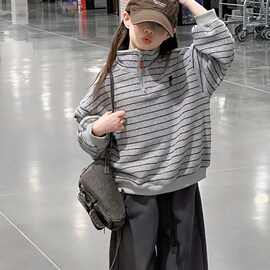 女童条纹卫衣加绒加厚秋冬季2024新款外穿中大儿童女孩半拉链上衣
