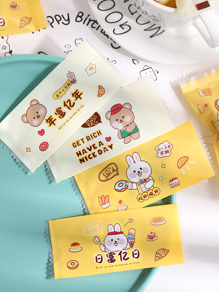 Bolsa de embalaje de nougat, embalaje de toffee, papel de azúcar, bolsas de pastel de leche de mango, sello de máquina transparente, bolsas pequeñas letras esmerizadas