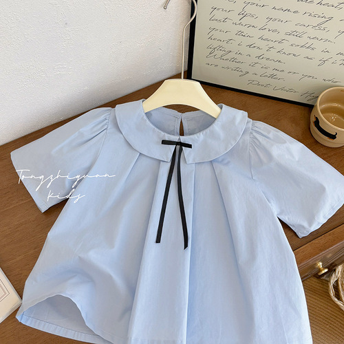 Girls' College Style Summer Shirt Top with Baby Collar, Fashionable and Trendy Short-Sleeve Shirt, Euro Style
