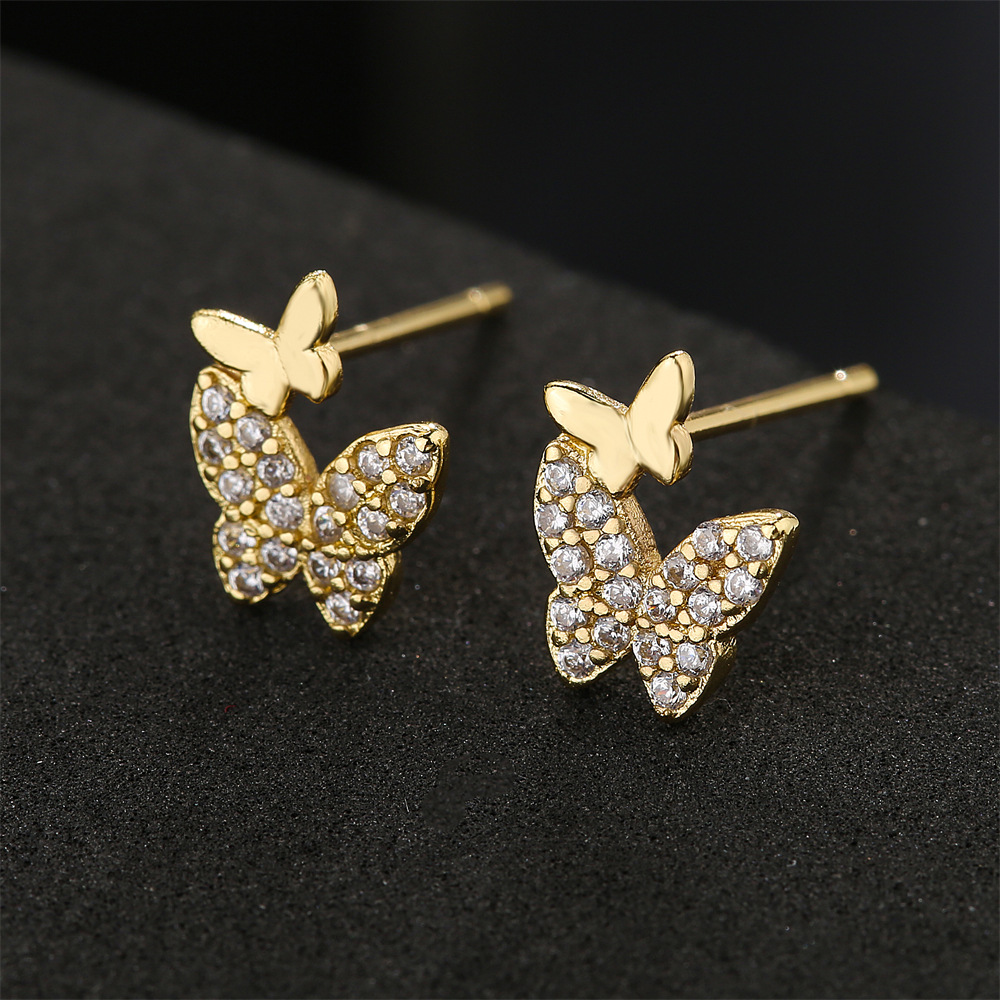 fashion double butterfly earrings copper plated 18K gold zircon earrings