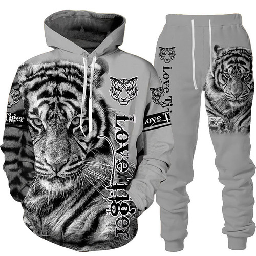 Design of Cross-border Clothing New Animal Wolf 3D Print Hooded Sweatshirt and Leggings Set for Spring and Autumn Season for Men