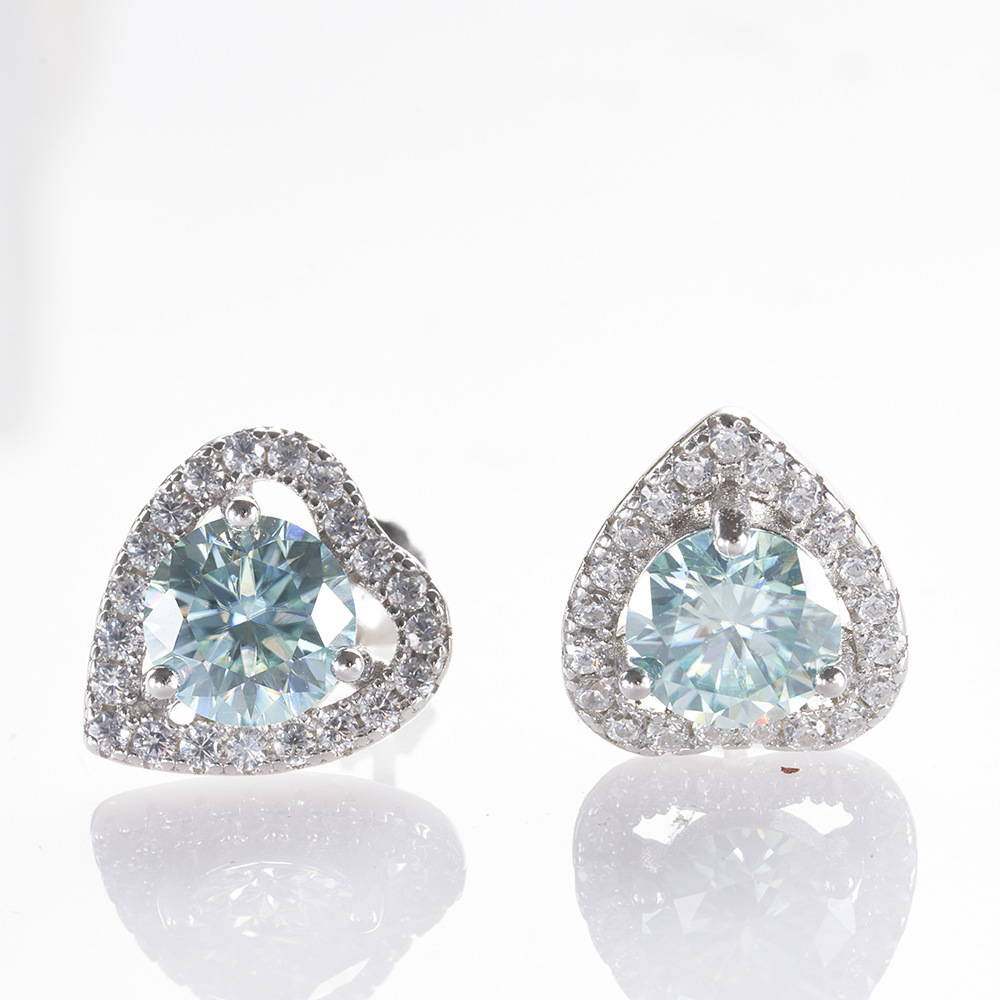 S925 plata esterlina diamante de diamante de diamante rosa en forma de corazón azul azul azul verde azul 1 quilate plata esterlina pendientes de piedra de moissan