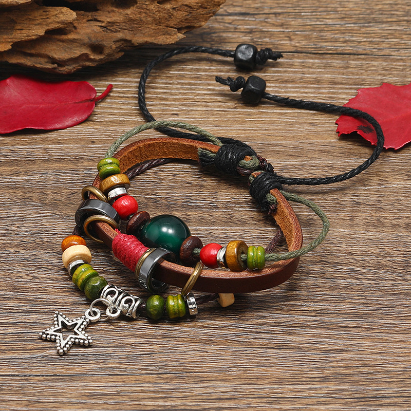 Punk creative design new multi-layer beaded leather bracelet five-pointed star small pendant