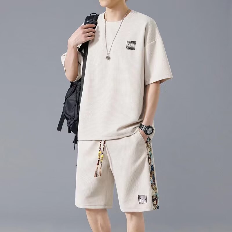 Camisas menos ropa verano nuevo estilo traje deportivo de ocio manga corta para hombres estilo de Hong Kong marea nacional pantalones cortos de cinco puntos manga corta suelta