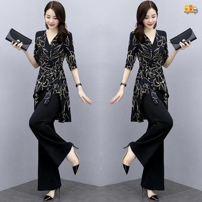 阔腿裤套装女夏装2022新款女装显瘦减龄洋气女神范御姐两件蓝依凝