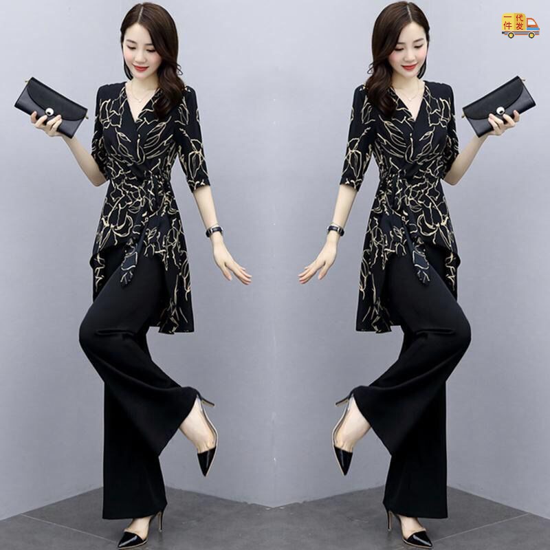 阔腿裤套装女夏装2022新款女装显瘦减龄洋气女神范御姐两件蓝依凝