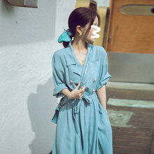 夏季新款女装轻奢高级感薄款长裙蓝色衬衫连衣裙子秋季秋装88758