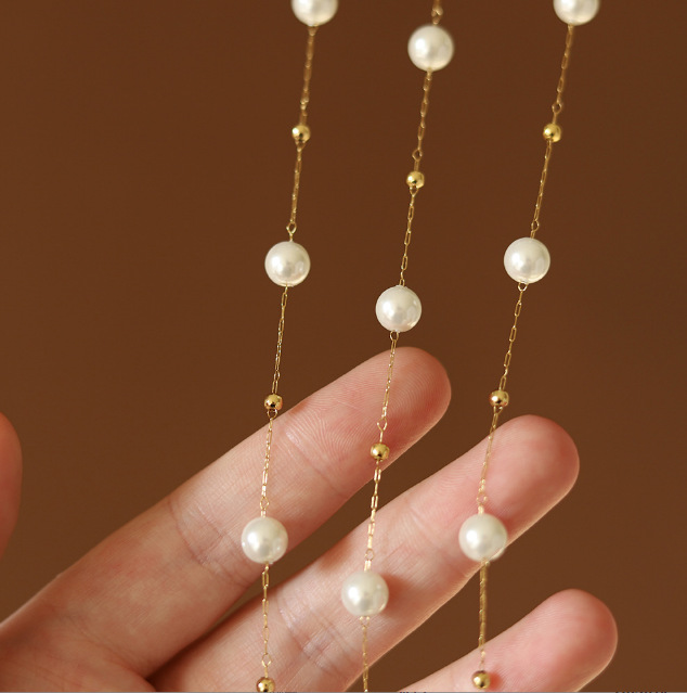 L55法式超仙气质时髦强光感珍珠金珠项链短款钛钢锁骨链
