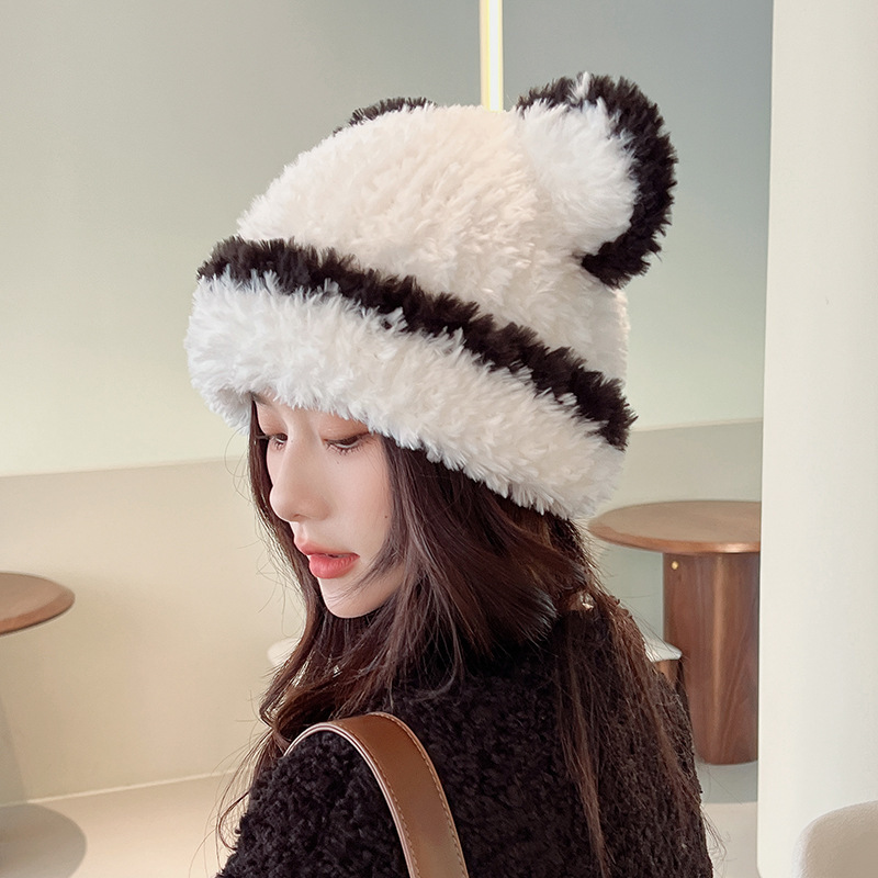 女性用冬のかわいいクマのウール帽子、韓国風の豪華で暖かい耳保護プルオーバー帽子、小顔効果のあるベルベット付きニット帽|undefined
