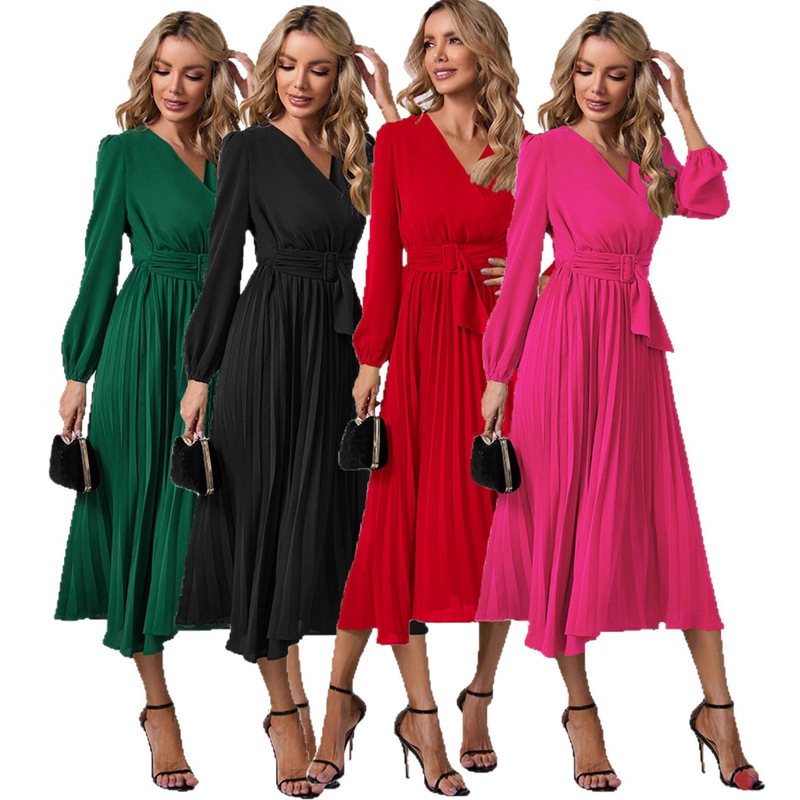 Cross-Border Amazon 2026 New Women's Long-Sleeved Slim-Fit Pleated Belt V-Neck Dress Cross-Border Amazon A-Line