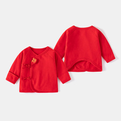Unisex Romper for Newborns, Pure Cotton, Boneless Design, Red Spring/Autumn Baby Top with Tie-String, Monk-Style Outfit