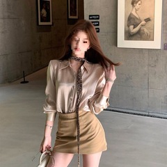 纯欲气质缎面polo领长袖衬衫女高级显瘦衬衣通勤百搭包臀短裙套装