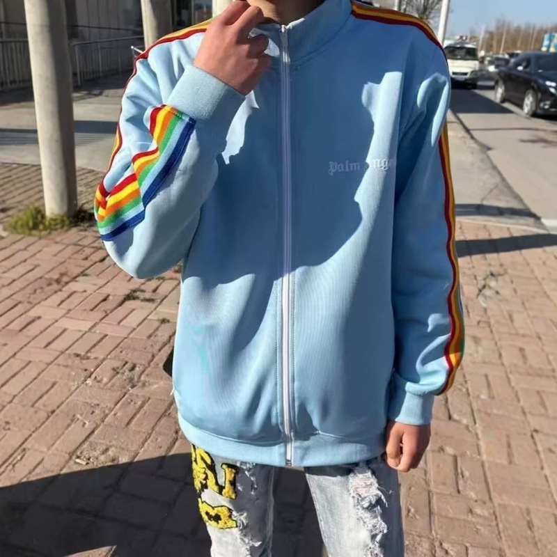 Authentic foreign trade version of the PA trendy brand rainbow striped woven tape zipper jacket, palm tree retro sports outerwear, school uniform for men