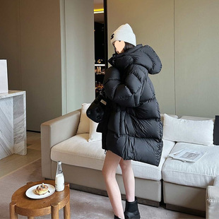 2024 New Thickened Mid-length Down Cotton-padded Jacket Women's Winter Loose Vertical Collar Hooded Bread Coat Korean
