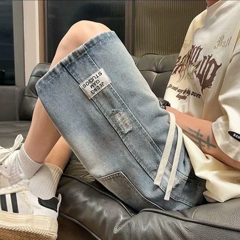 Summer Thin Hong Kong Style Ripped Denim Shorts for Men, Trendy Straight Loose American Style Casual Knee-Length Shorts Summer Thin Hong Kong Style Ripped Denim Shorts for Men, Trendy Straight Loose American Style Casual Knee-Length Shorts