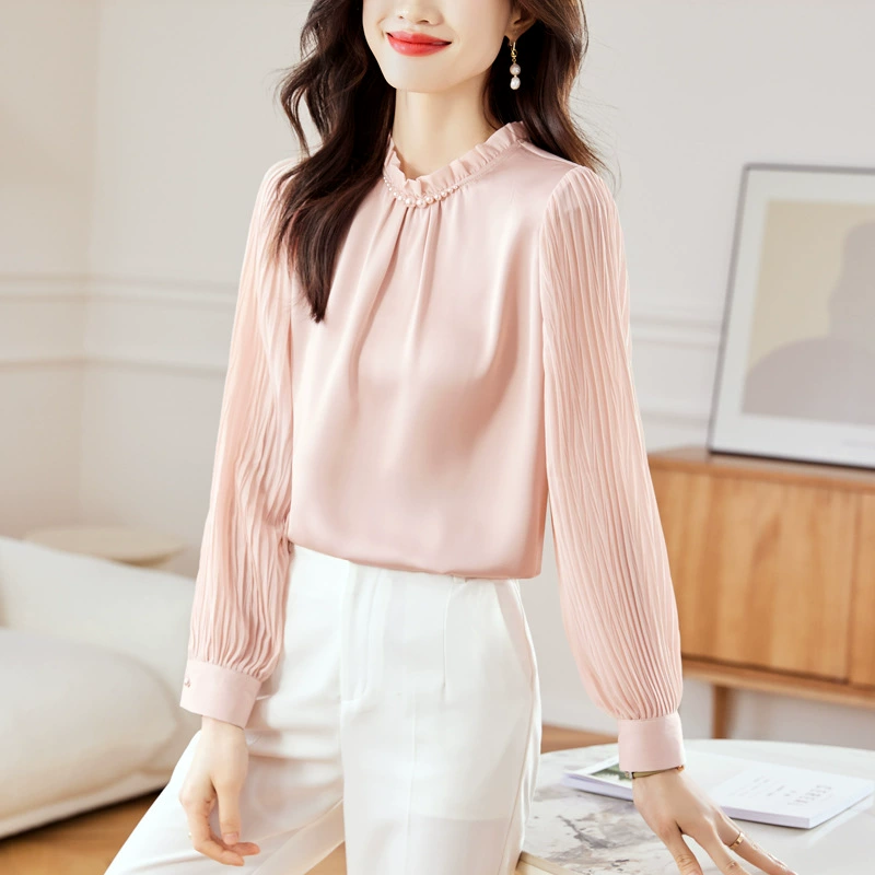 Текстовая стрельба с плиссированной пузырьковой рукавом шифоновая рубашка женская 2024 новая осень минималистская мода иностранный темпераментный топ
