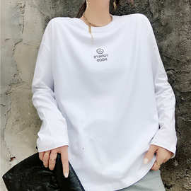 白色长袖T恤女2021新款韩版宽松圆领笑脸字母印花纯棉打底衫上衣