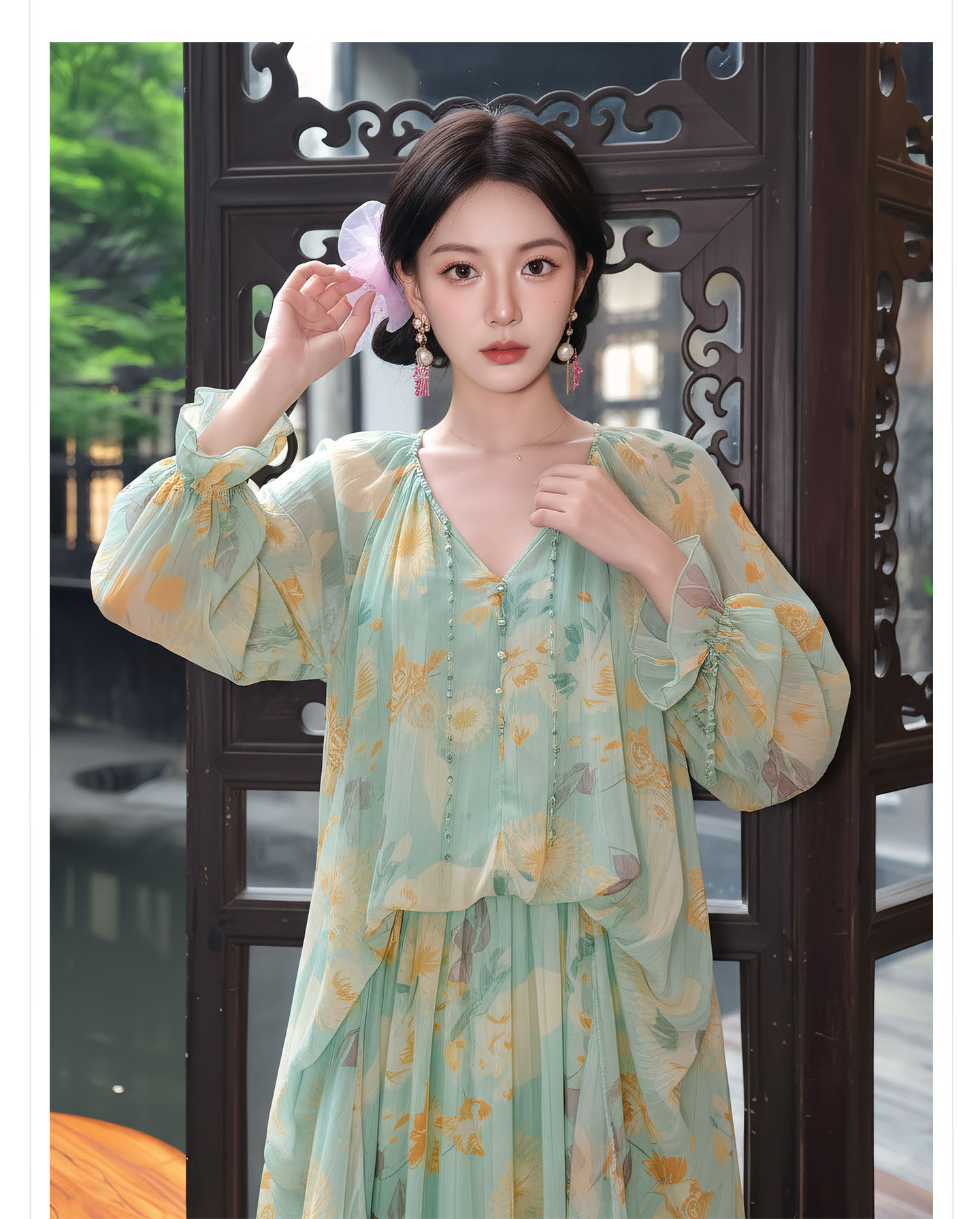 Đầm maxi nữ thắt eo phong cách Tân Trung Hoa in họa tiết thiết kế giả hai lớp — Thiên Thanh chi tiết 4