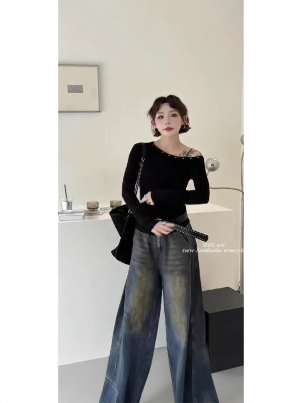 辣妹铆钉斜领露肩长袖t恤女2025早秋新款褶皱收腰打底衫上衣外穿|undefined